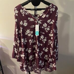 Floral V-Neck Blouse - Burgundy